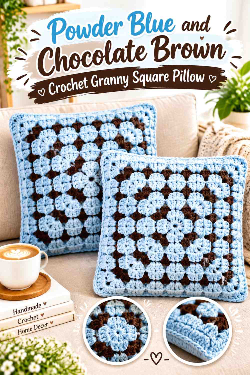 1. Powder Blue And Chocolate Brown Crochet Granny Square Pillow