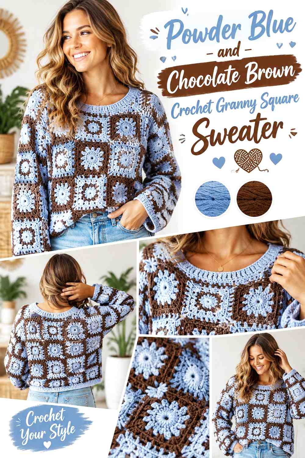 13. Powder Blue And Chocolate Brown Crochet Granny Square Sweater