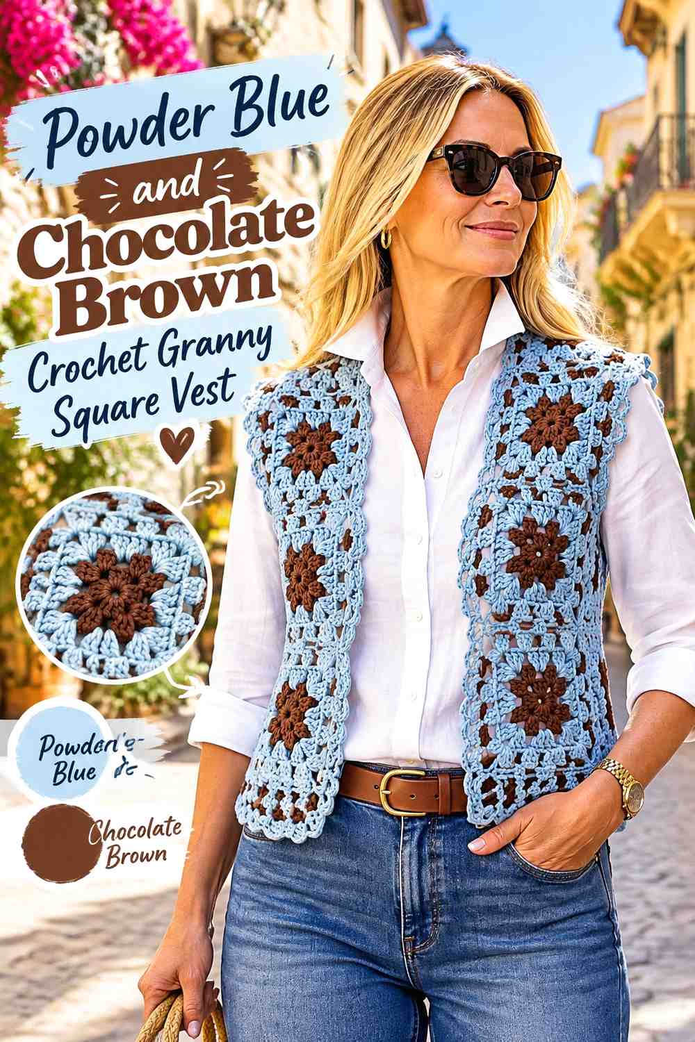 7. Powder Blue And Chocolate Brown Crochet Granny Square Vest
