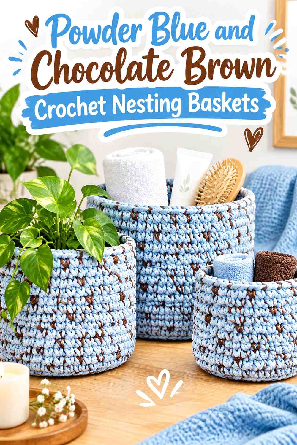 11. Powder Blue And Chocolate Brown Crochet Nesting Baskets