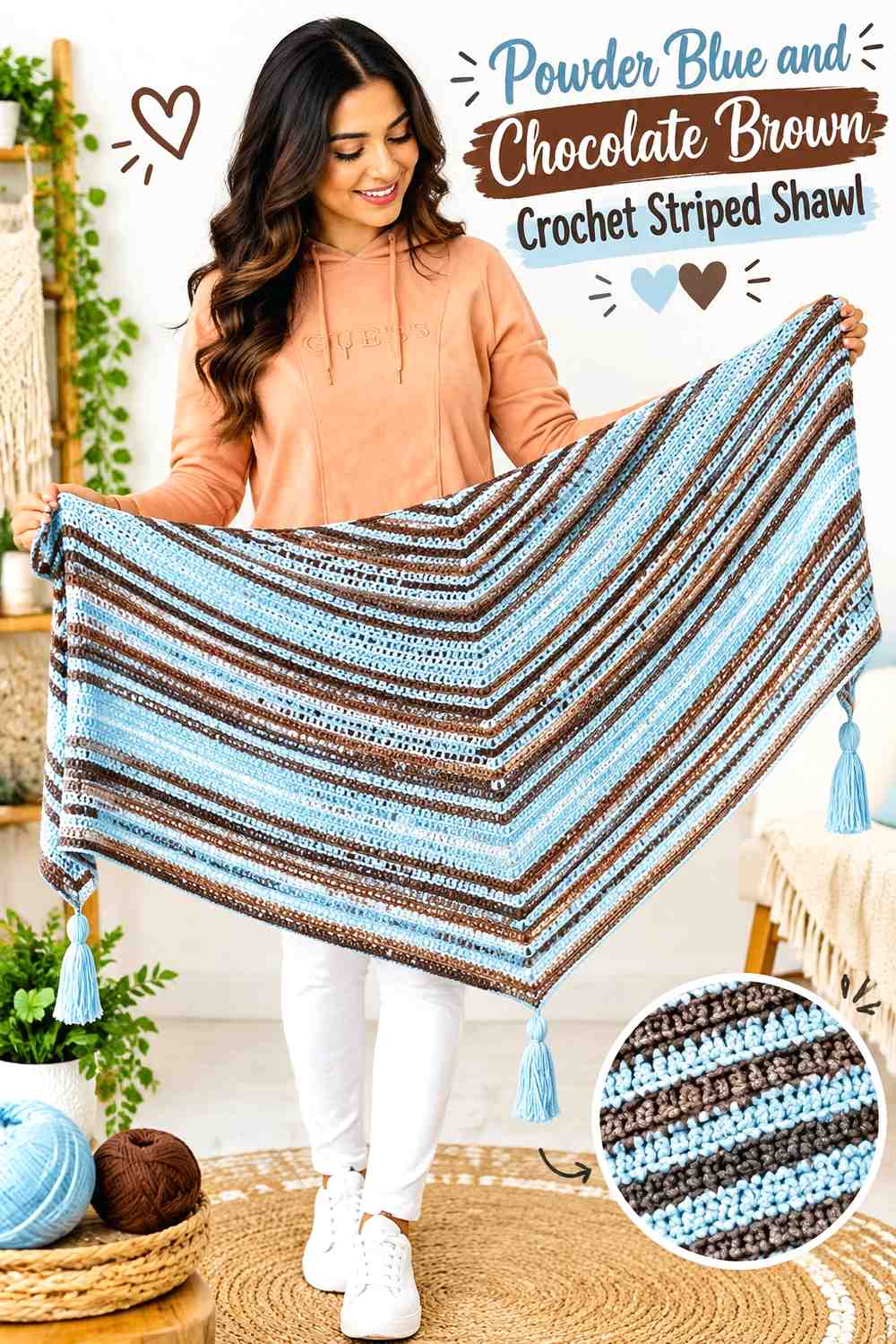 10. Powder Blue And Chocolate Brown Crochet Striped Shawl