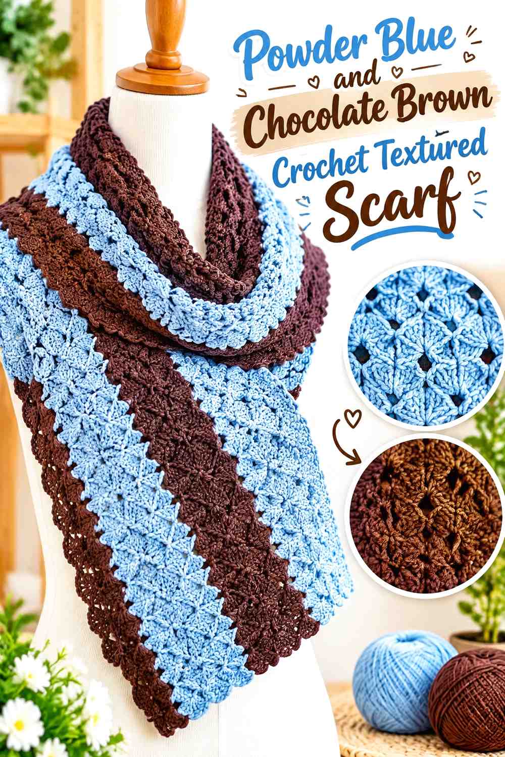 6. Powder Blue And Chocolate Brown Crochet Textured Scarf
