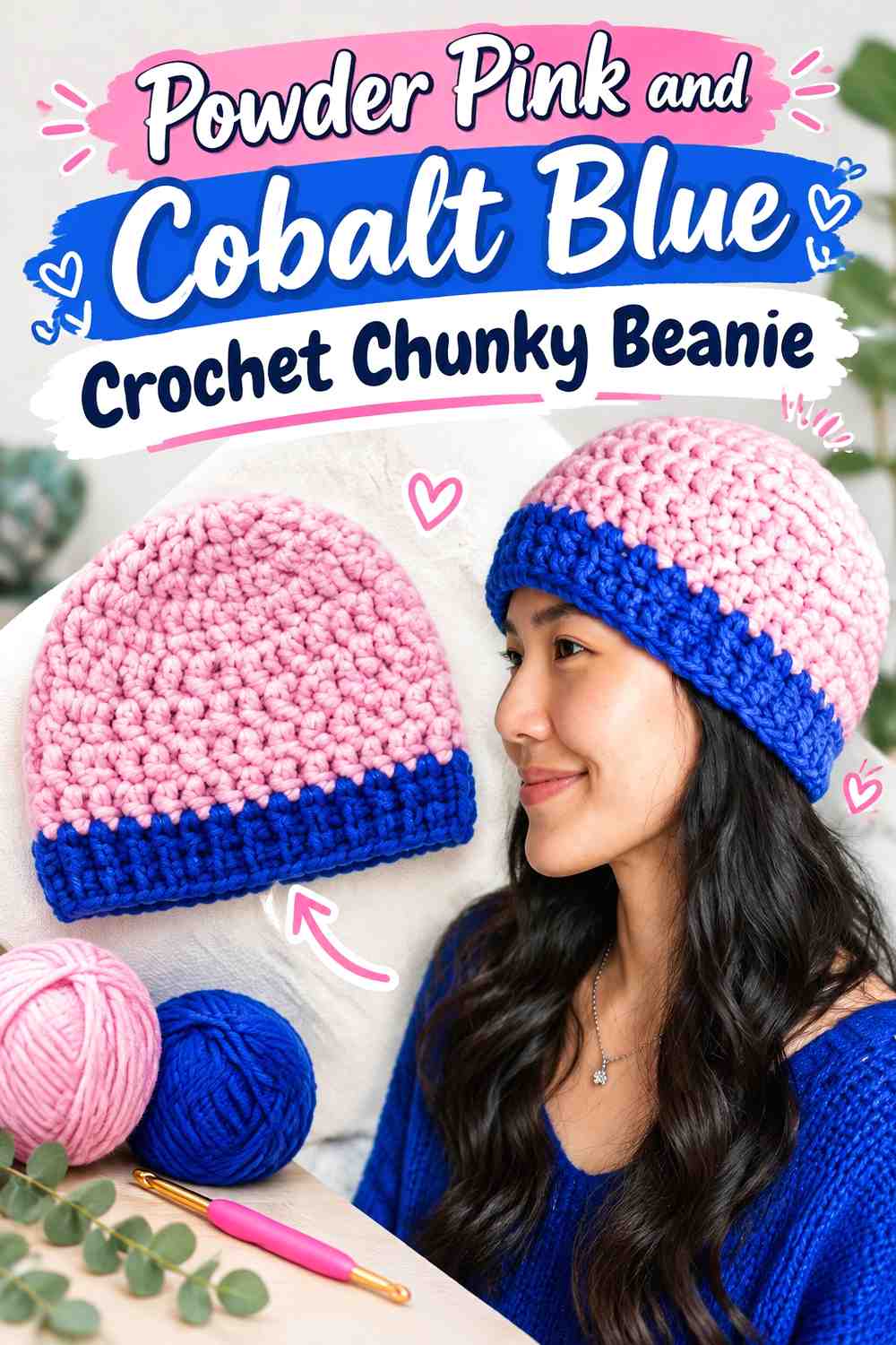 4. Powder Pink And Cobalt Blue Crochet Chunky Beanie