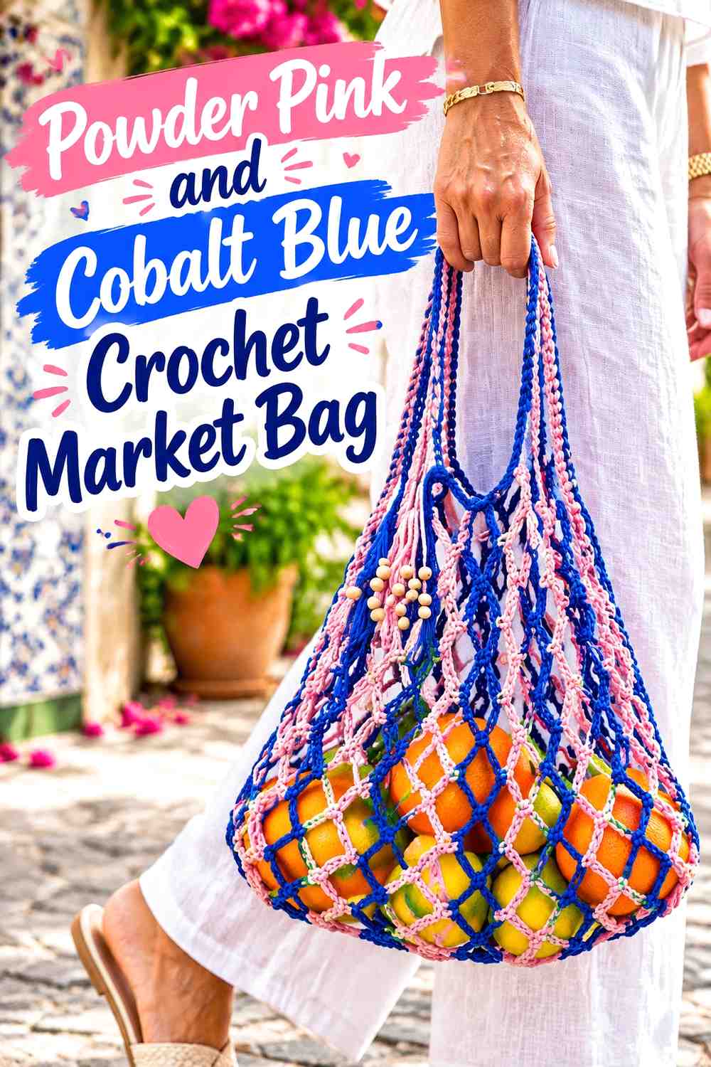 6. Powder Pink And Cobalt Blue Crochet Market Bag