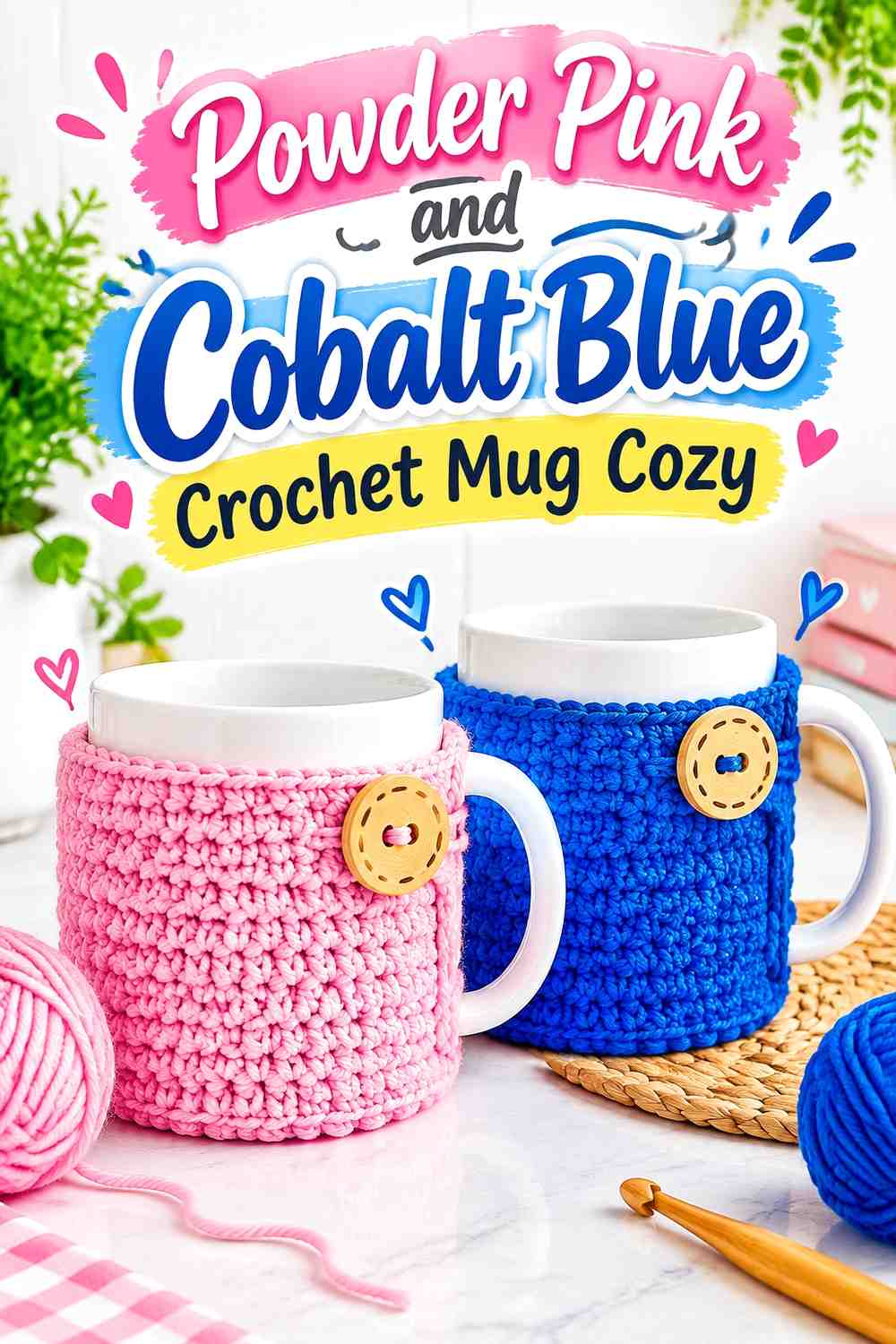 8. Powder Pink And Cobalt Blue Crochet Mug Cozy