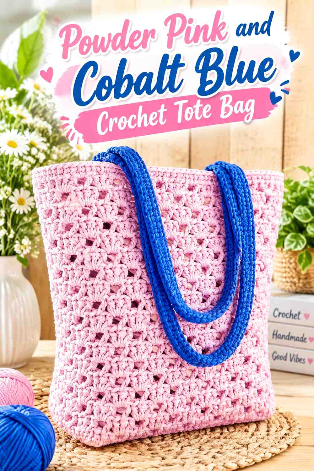 14. Powder Pink And Cobalt Blue Crochet Tote Bag