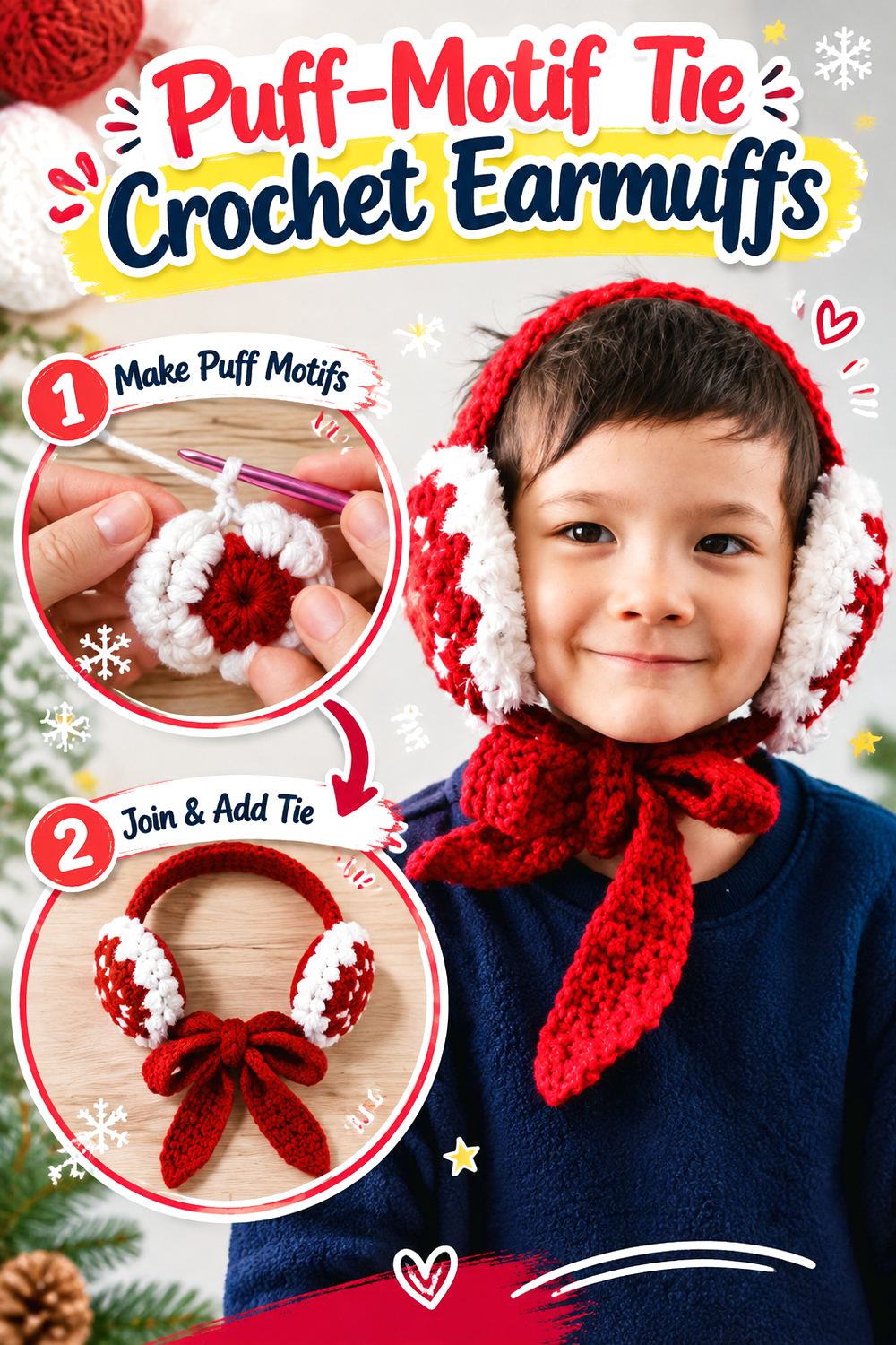 Puff Motif Tie Crochet Earmuffs