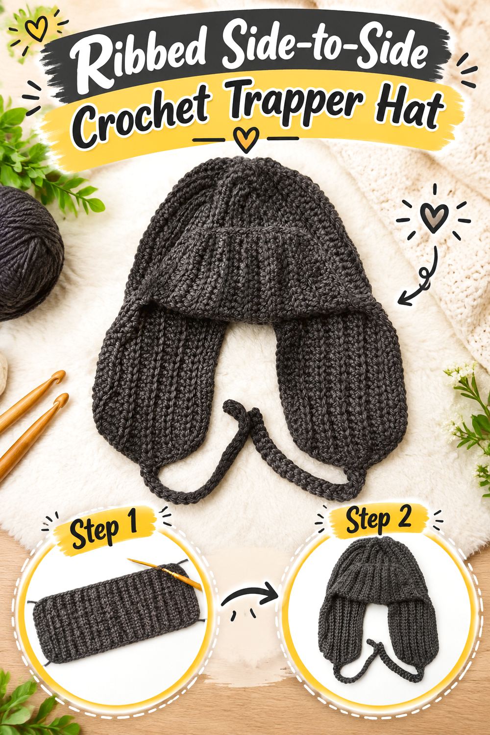 Ribbed Side to Side Crochet Trapper Hat