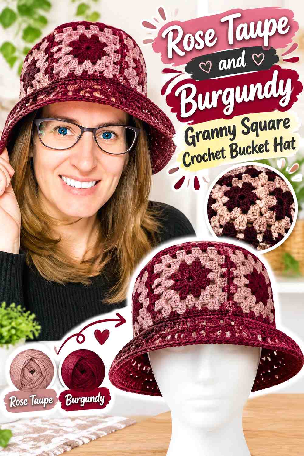 15. Rose Taupe And Burgundy Granny Square Crochet Bucket Hat