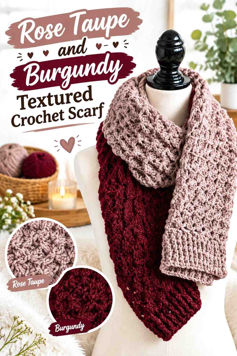 7. Rose Taupe And Burgundy Textured Crochet Scarf