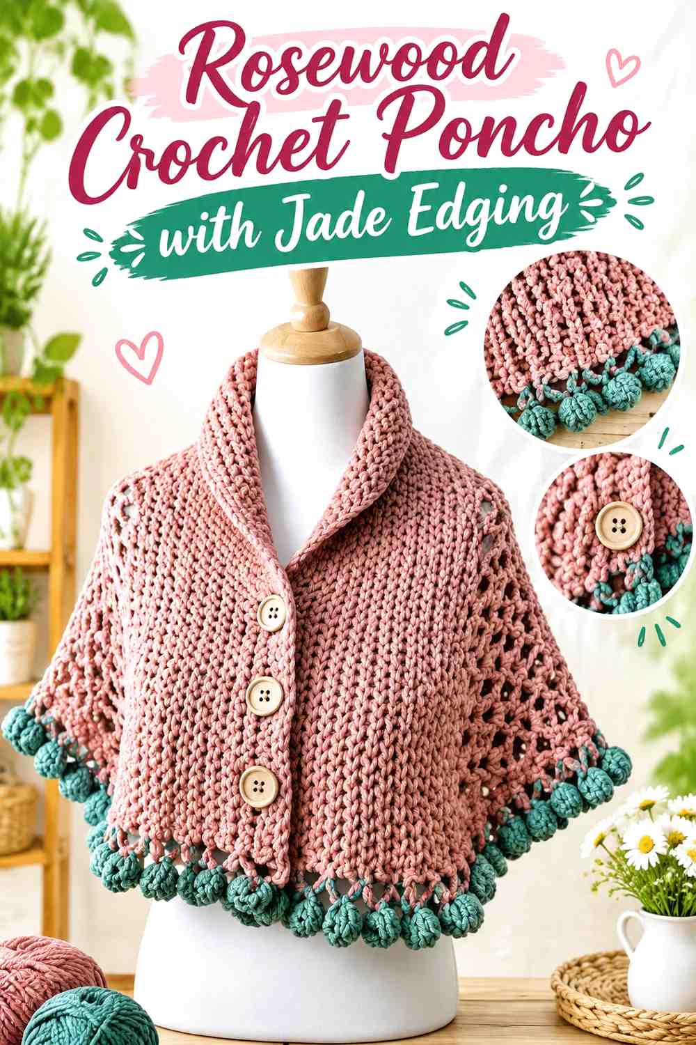 14. Rosewood Crochet Poncho With Jade Edging
