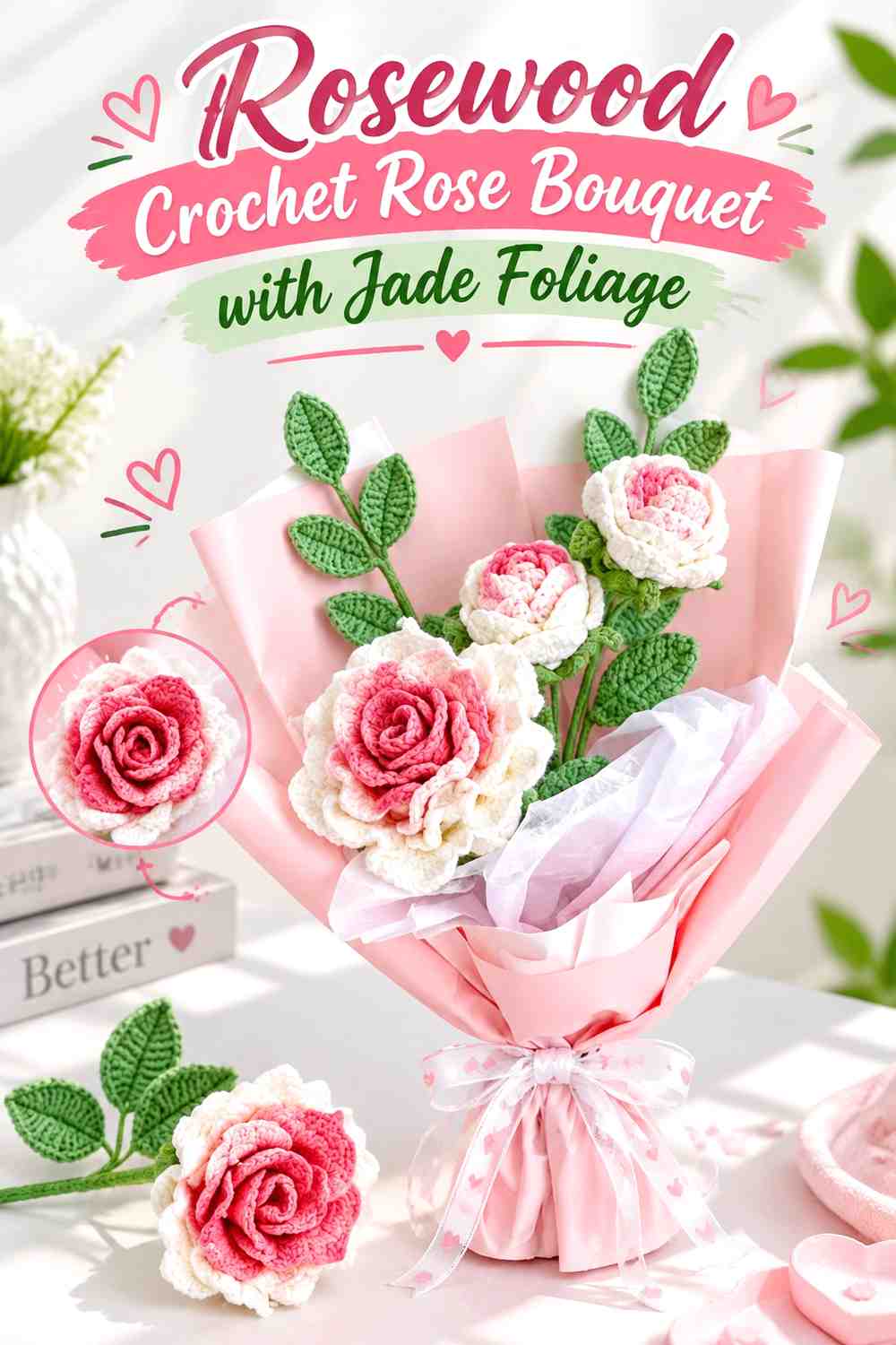 9. Rosewood Crochet Rose Bouquet With Jade Foliage