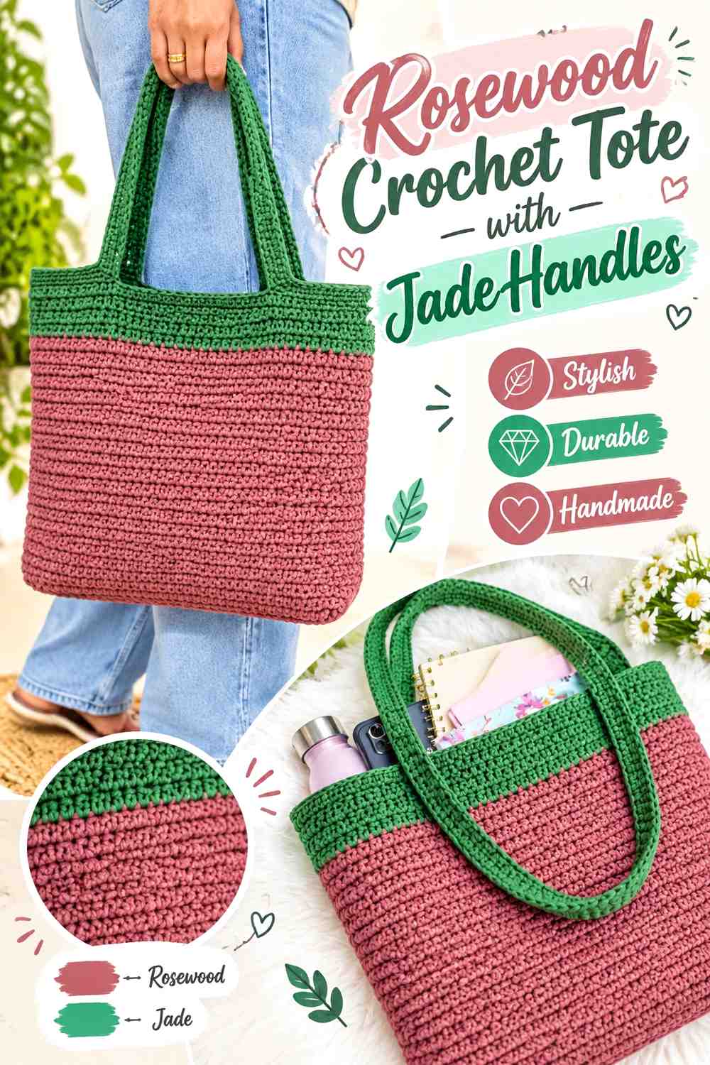 16. Rosewood Crochet Tote With Jade Handles