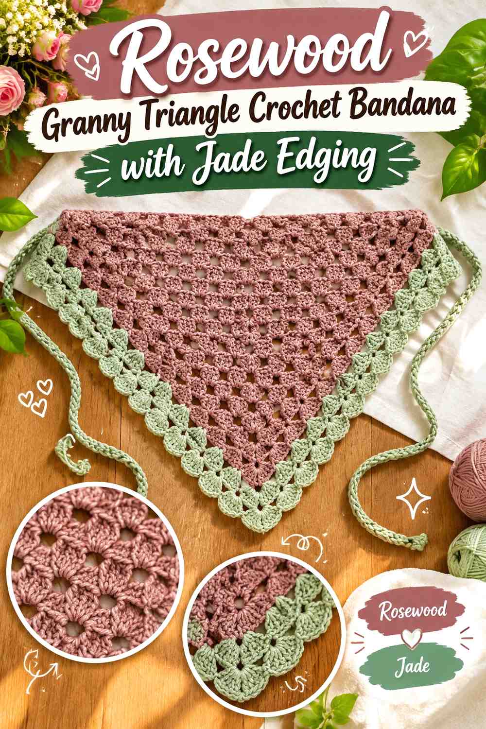 11. Rosewood Granny Triangle Crochet Bandana With Jade Edging