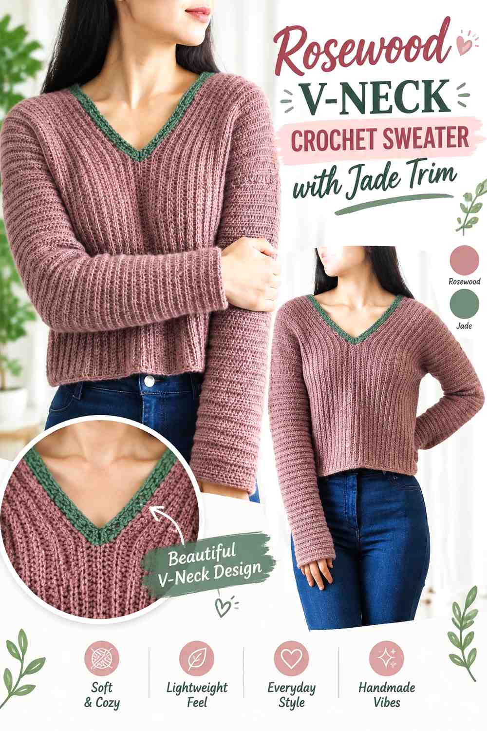 5. Rosewood V Neck Crochet Sweater With Jade Trim
