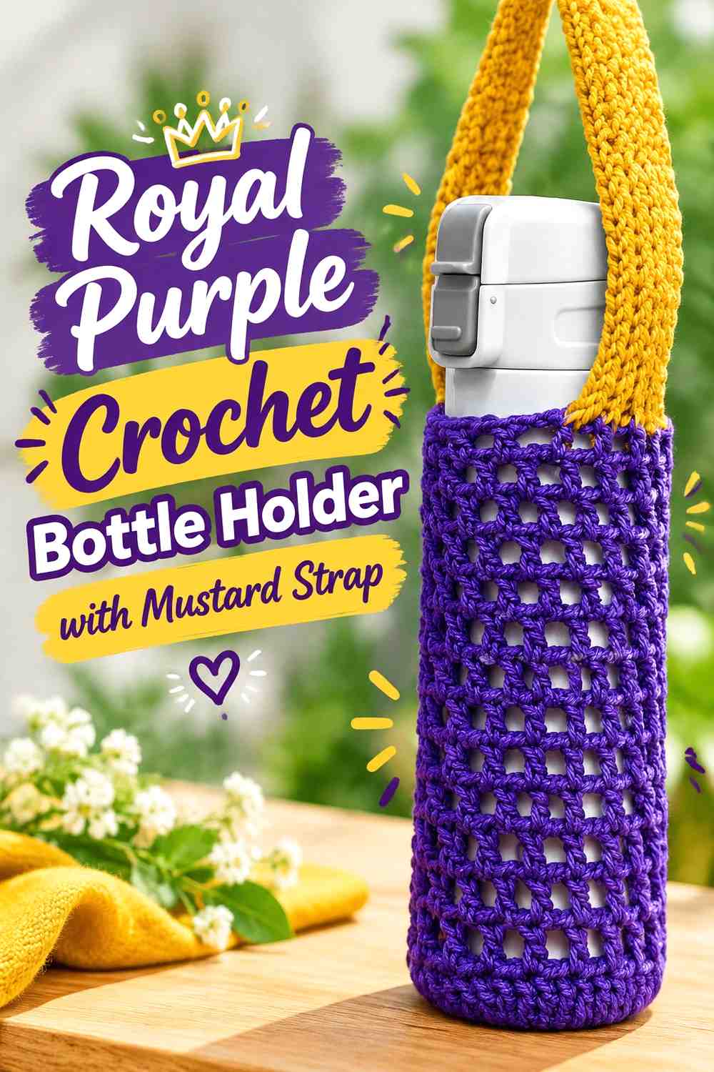 16. Royal Purple Crochet Bottle Holder With Mustard Strap