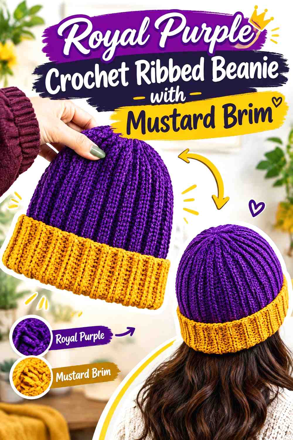 6. Royal Purple Crochet Ribbed Beanie With Mustard Brim