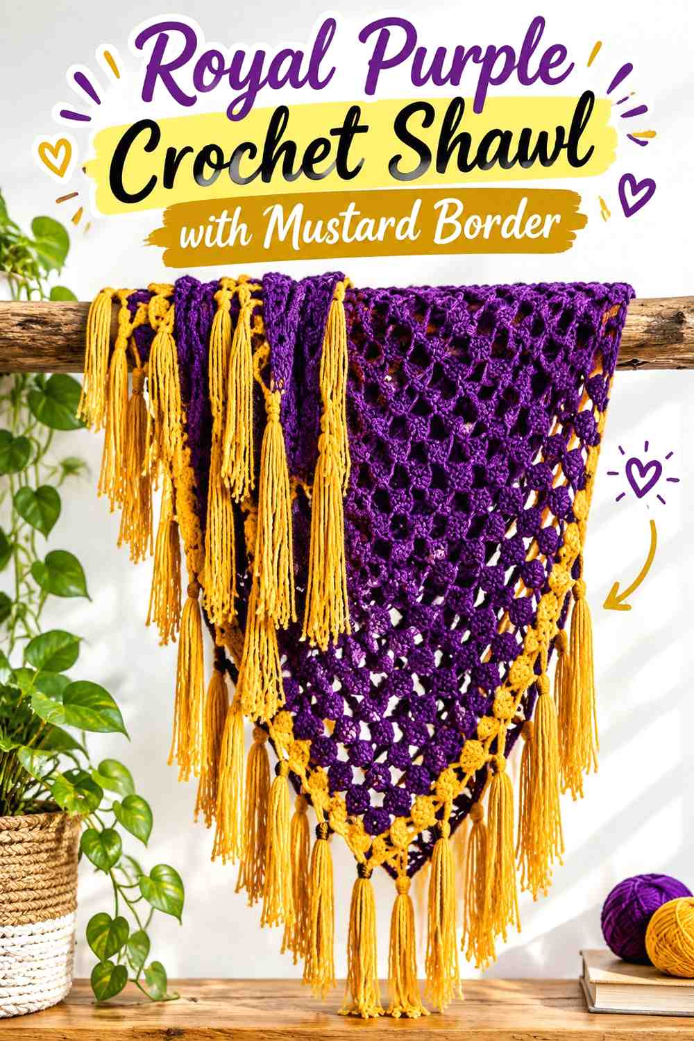 12. Royal Purple Crochet Shawl With Mustard Border