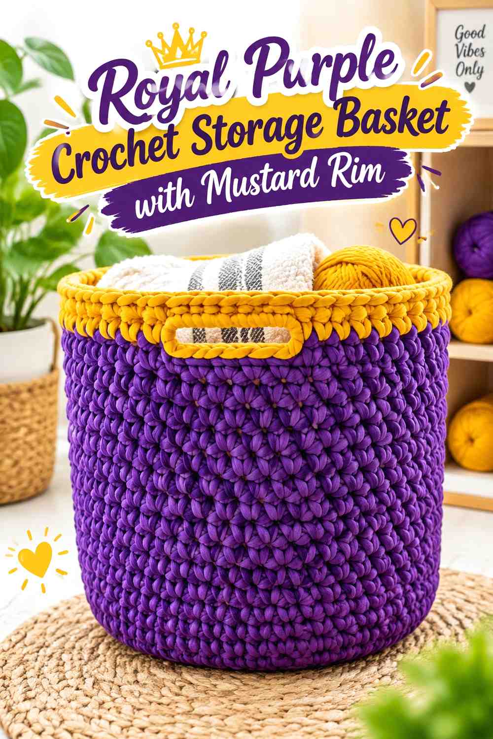 13. Royal Purple Crochet Storage Basket With Mustard Rim