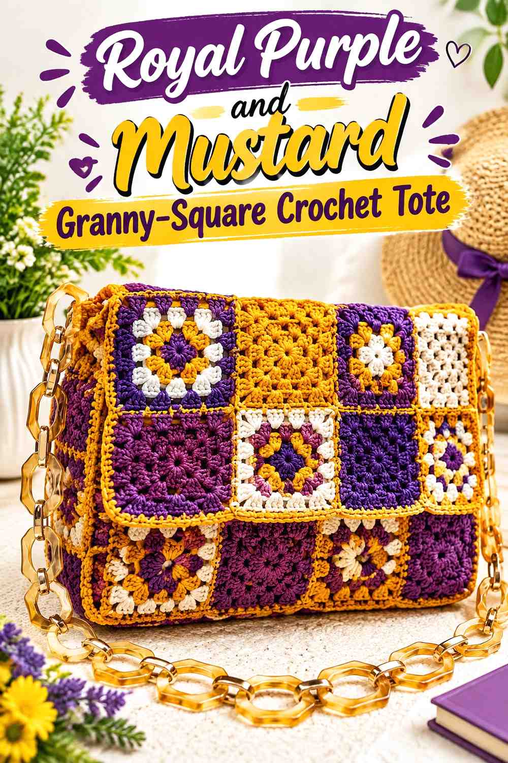 3. Royal Purple And Mustard Granny Square Crochet Tote