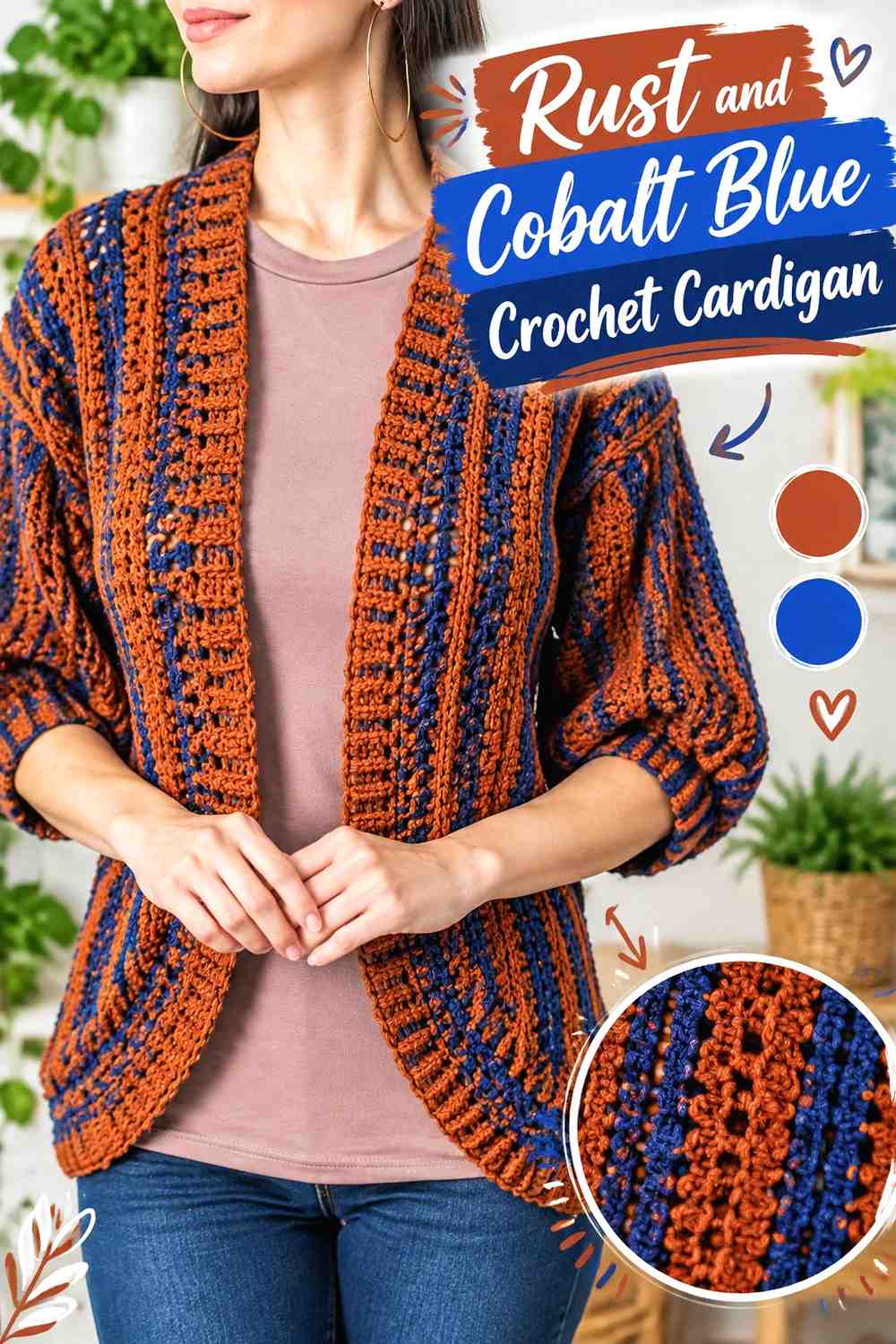 2. Rust And Cobalt Blue Crochet Cardigan