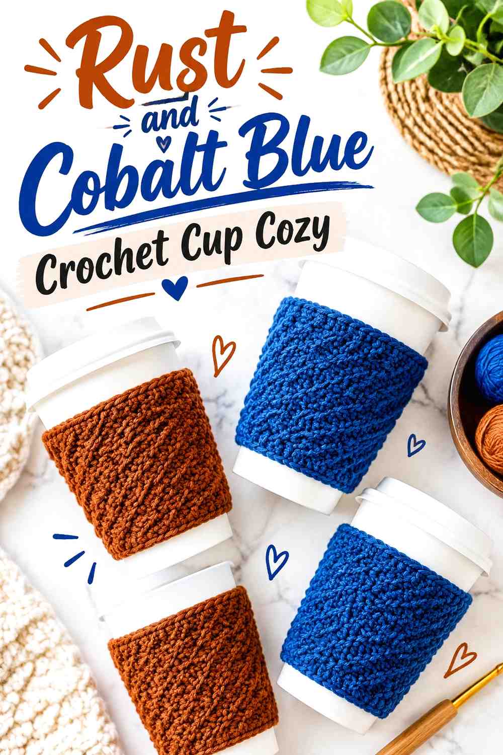 16. Rust And Cobalt Blue Crochet Cup Cozy