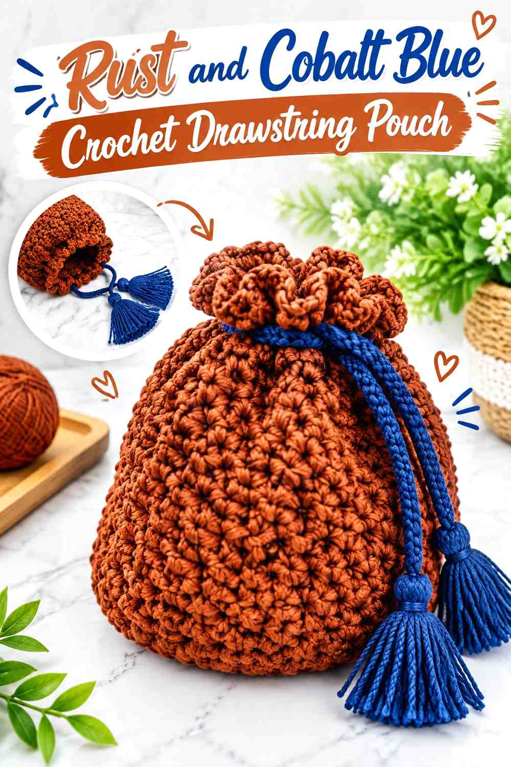 12. Rust And Cobalt Blue Crochet Drawstring Pouch
