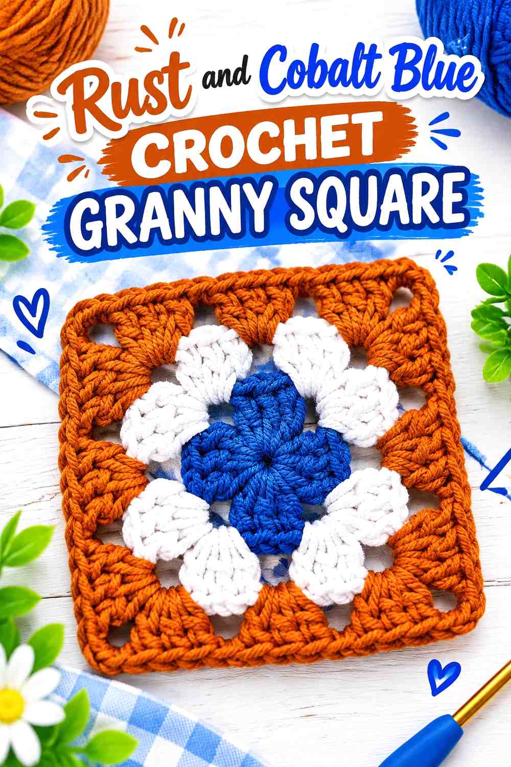 6. Rust And Cobalt Blue Crochet Granny Square