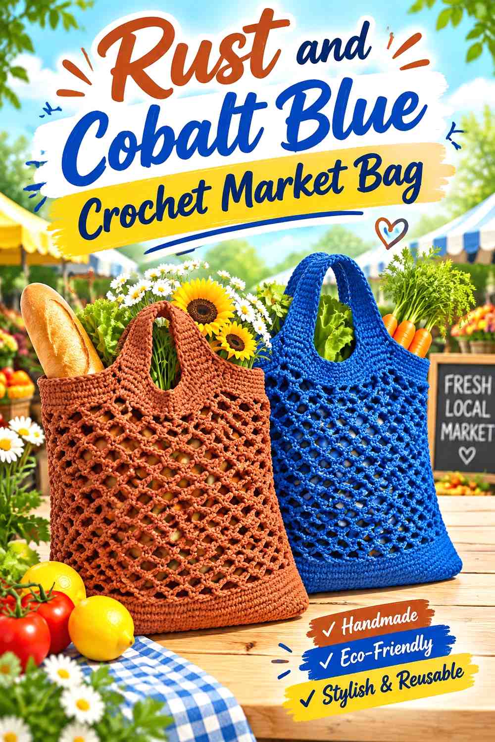 8. Rust And Cobalt Blue Crochet Market Bag