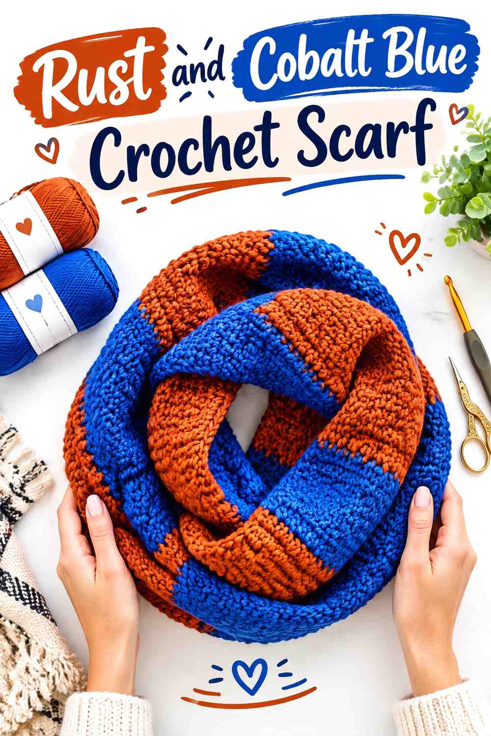 4. Rust And Cobalt Blue Crochet Scarf