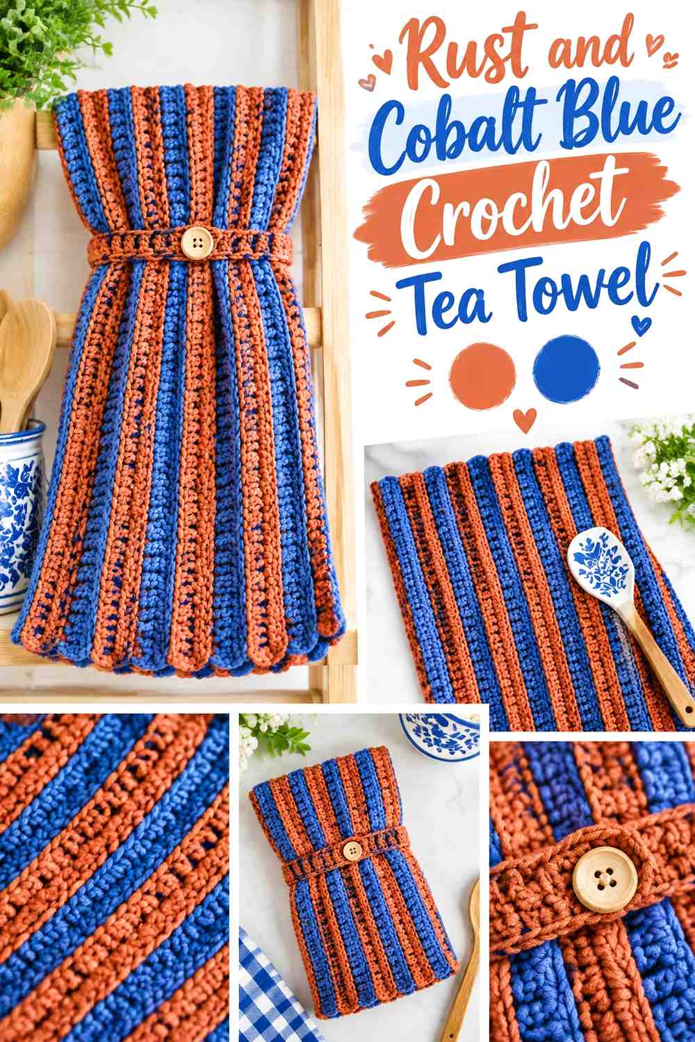 14. Rust And Cobalt Blue Crochet Tea Towel