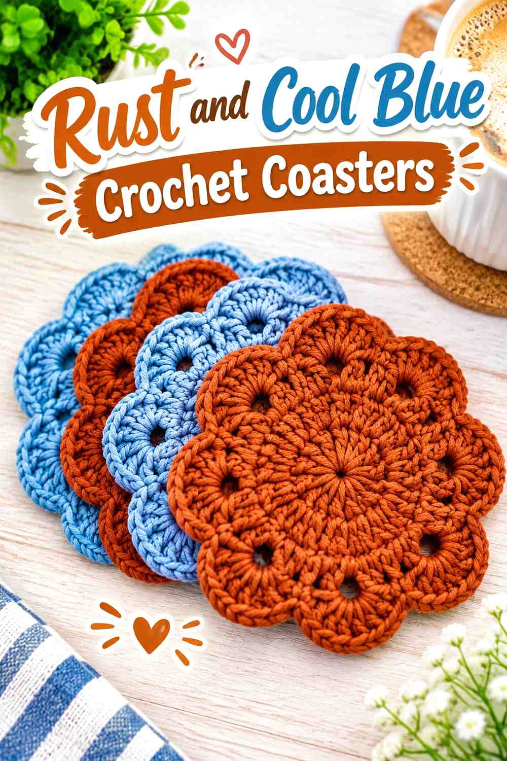 12. Rust And Cool Blue Crochet Coasters