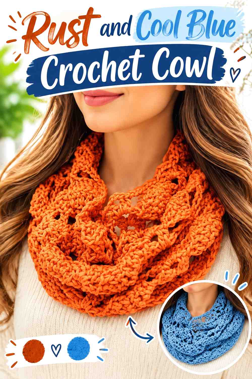 14. Rust And Cool Blue Crochet Cowl