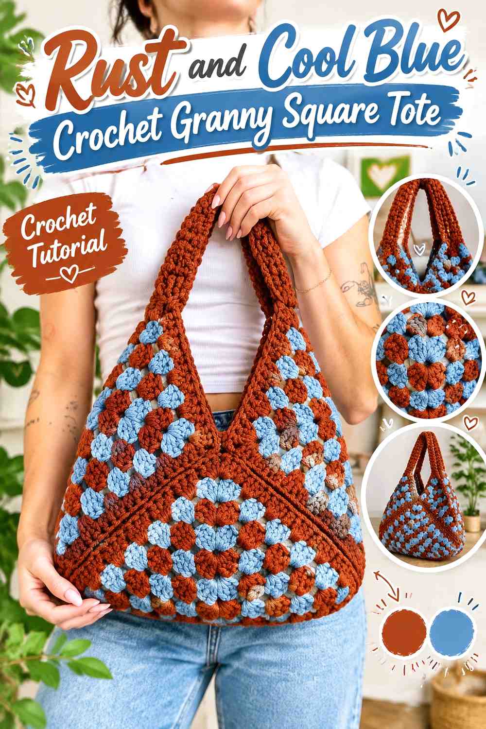 3. Rust And Cool Blue Crochet Granny Square Tote