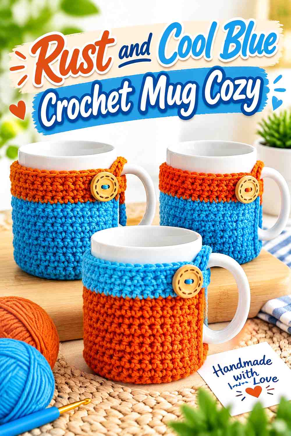 17. Rust And Cool Blue Crochet Mug Cozy