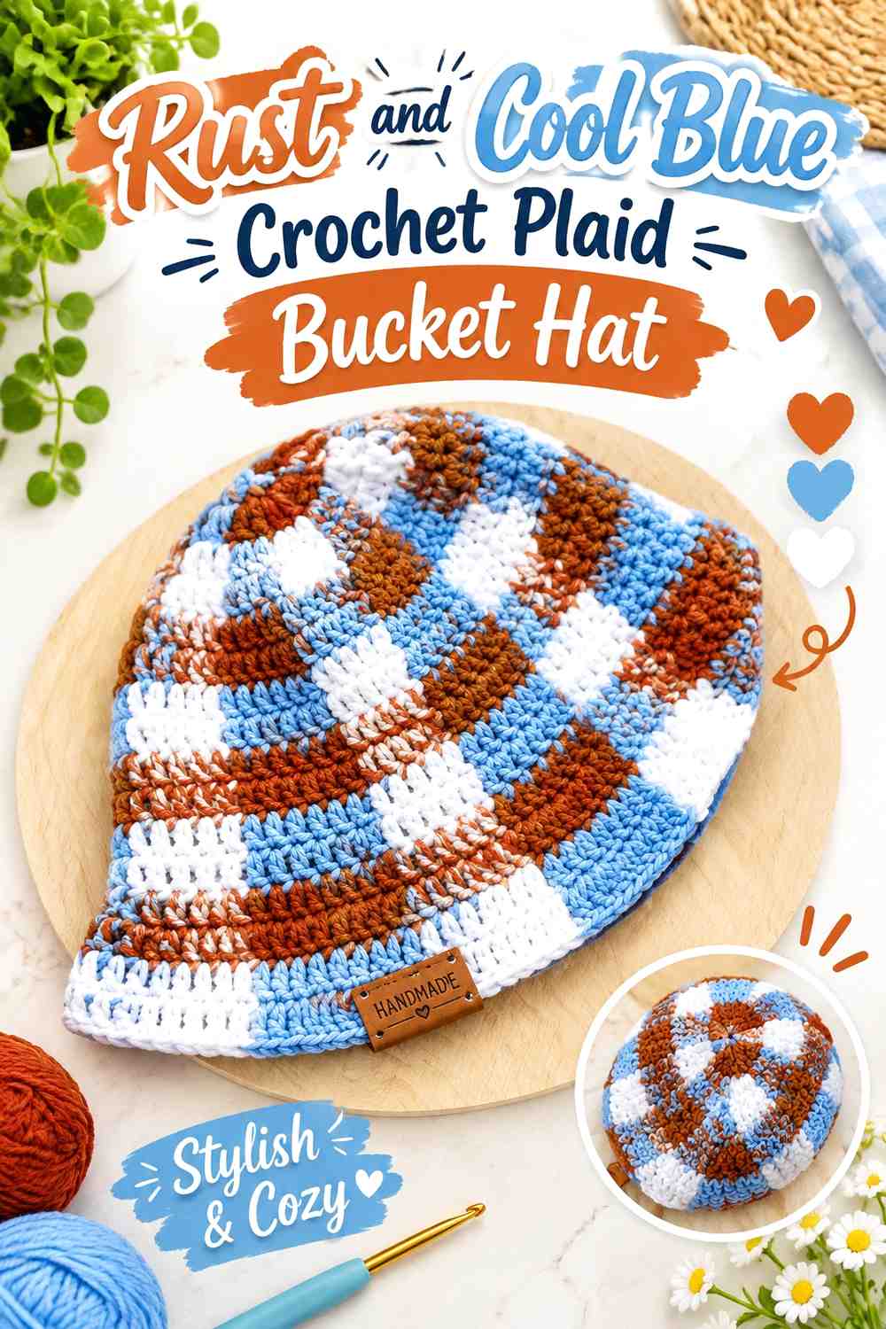 8. Rust And Cool Blue Crochet Plaid Bucket Hat