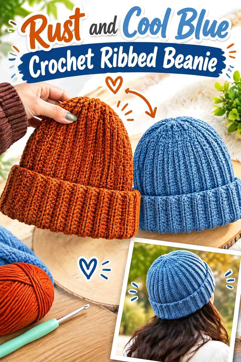 5. Rust And Cool Blue Crochet Ribbed Beanie