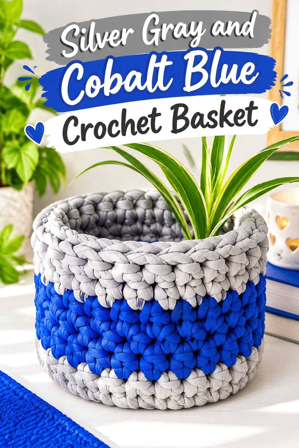 8. Silver Gray And Cobalt Blue Crochet Basket