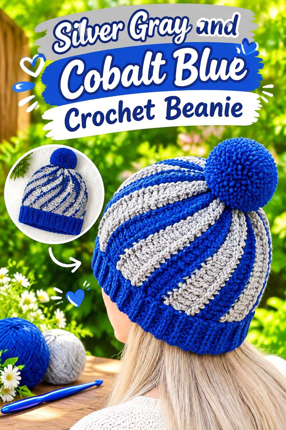 6. Silver Gray And Cobalt Blue Crochet Beanie