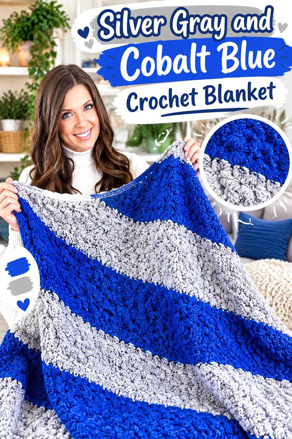 4. Silver Gray And Cobalt Blue Crochet Blanket