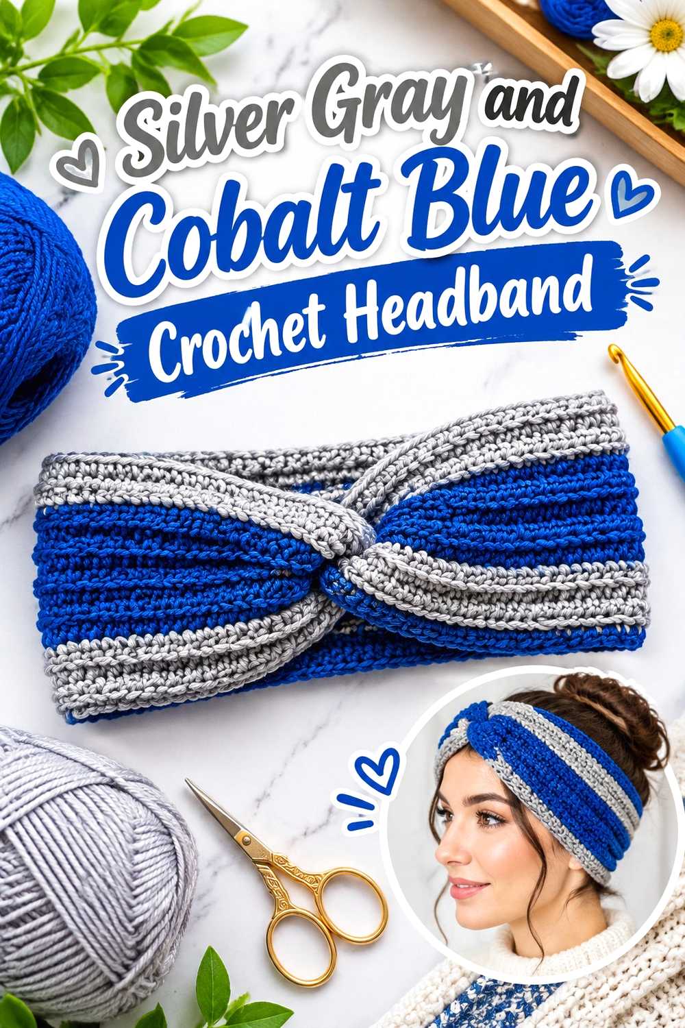 14. Silver Gray And Cobalt Blue Crochet Headband