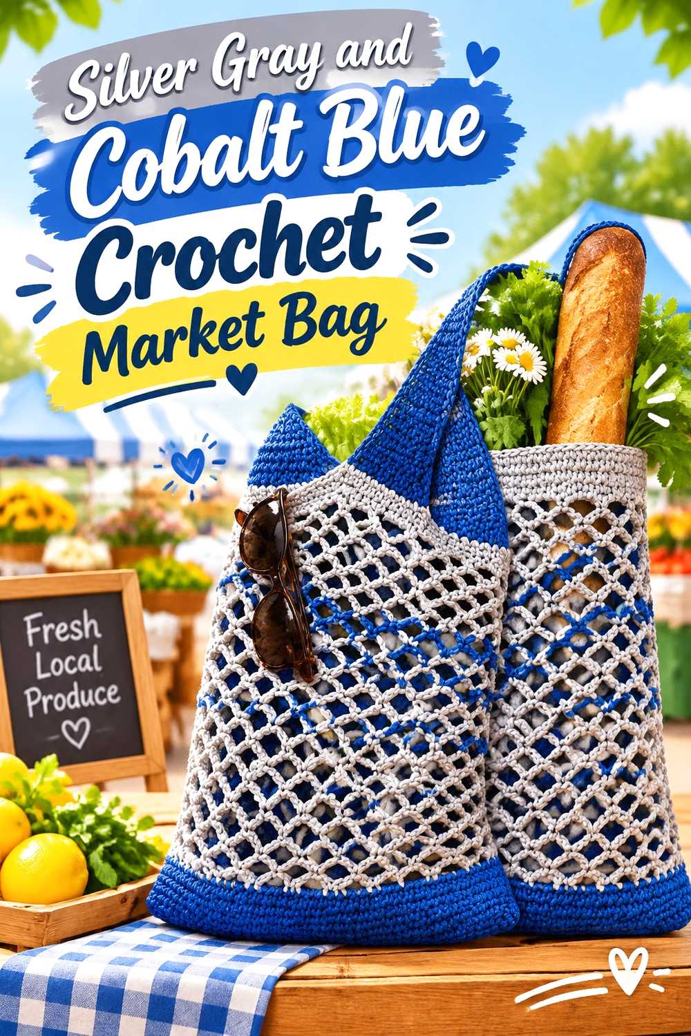16. Silver Gray And Cobalt Blue Crochet Market Bag