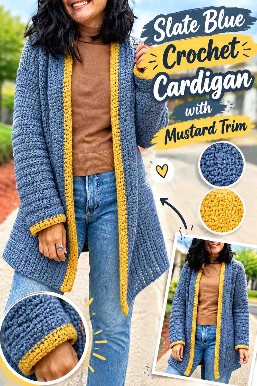 2. Slate Blue Crochet Cardigan With Mustard Trim