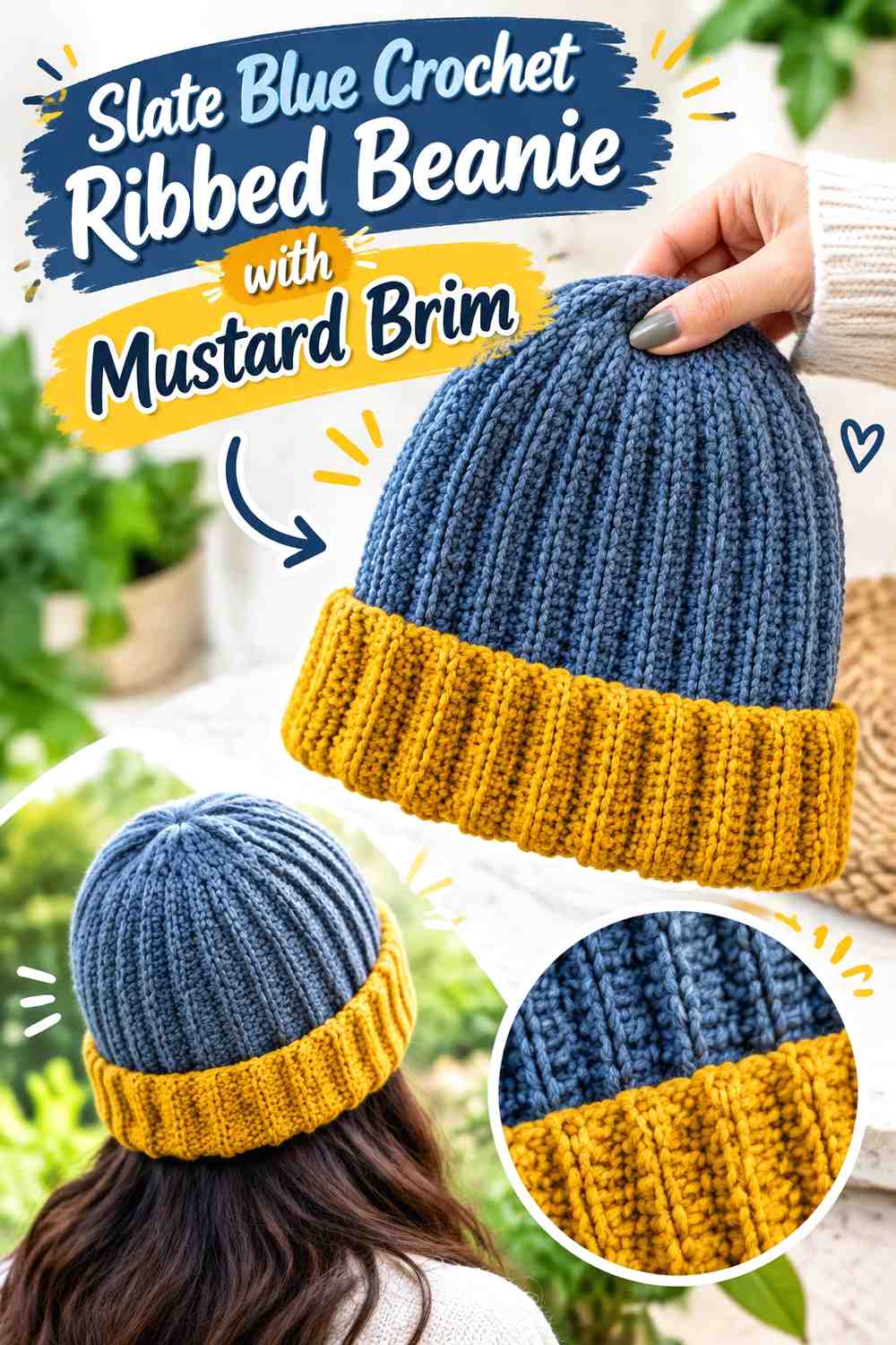 6. Slate Blue Crochet Ribbed Beanie With Mustard Brim