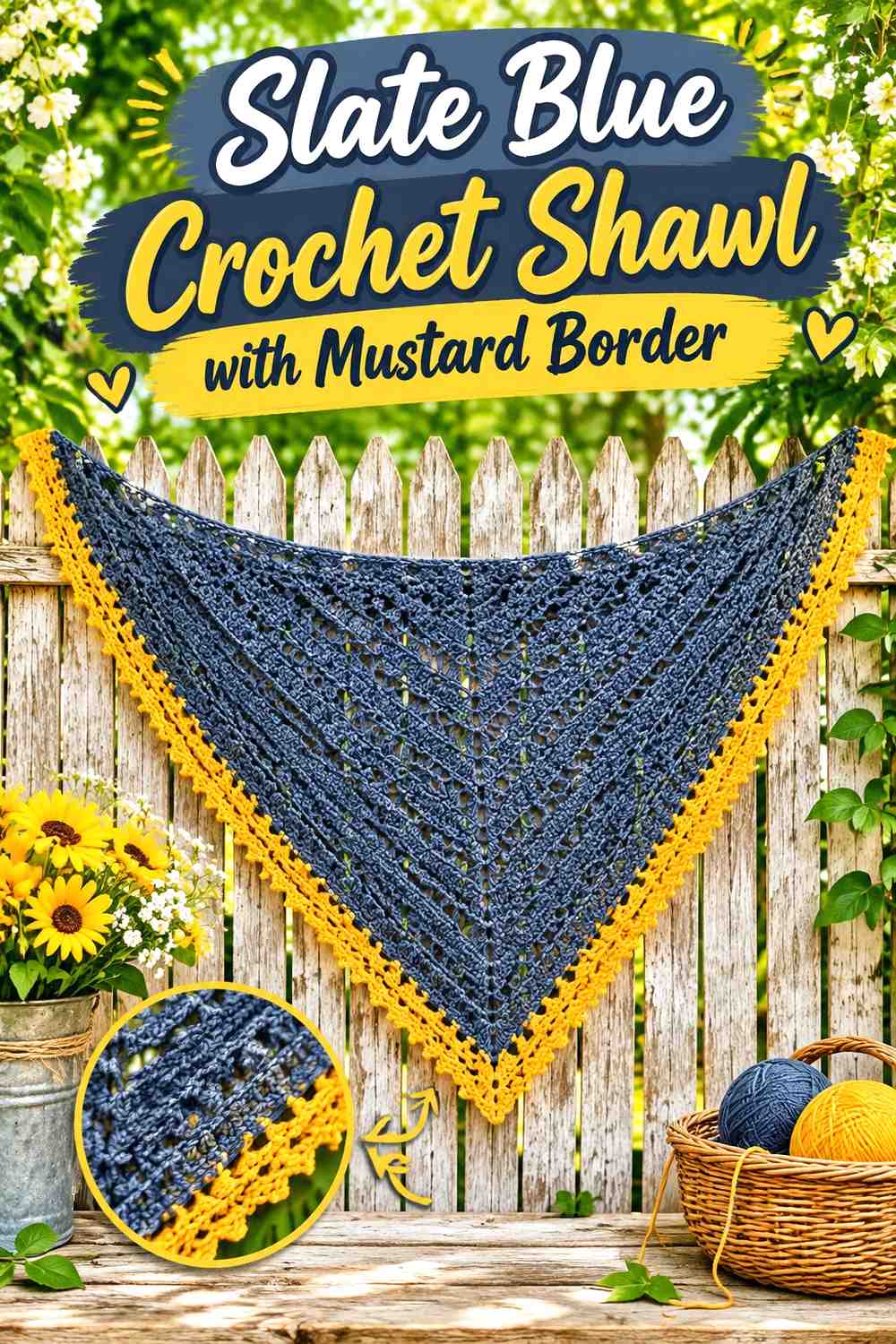 11. Slate Blue Crochet Shawl With Mustard Border