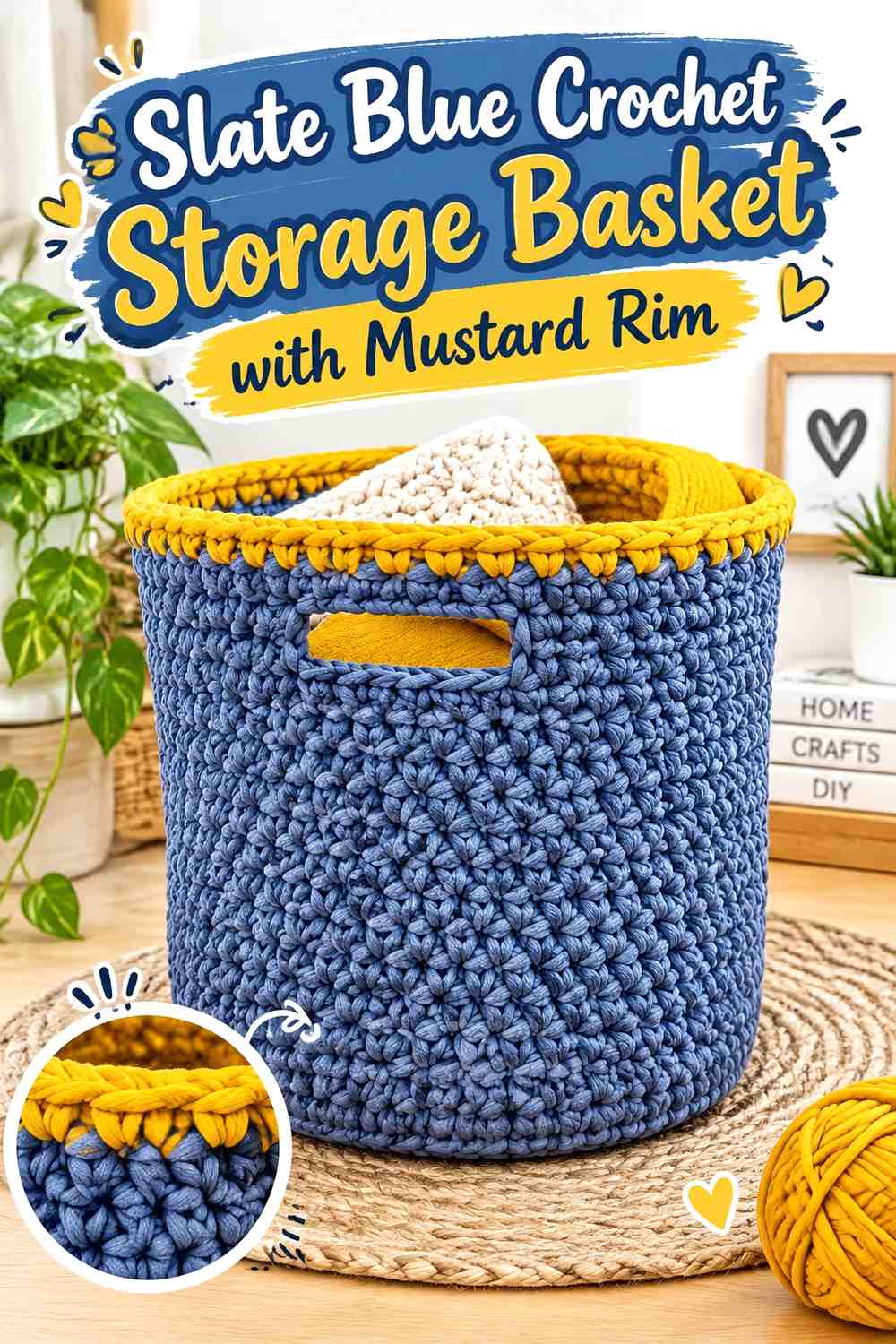 12. Slate Blue Crochet Storage Basket With Mustard Rim