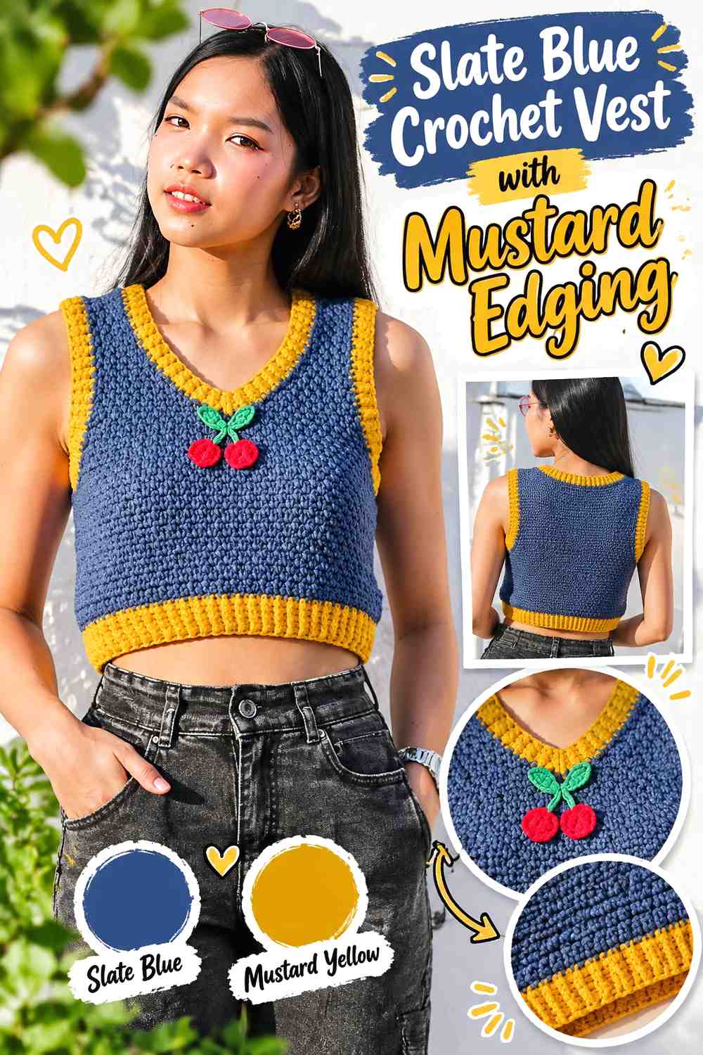 8. Slate Blue Crochet Vest With Mustard Edging