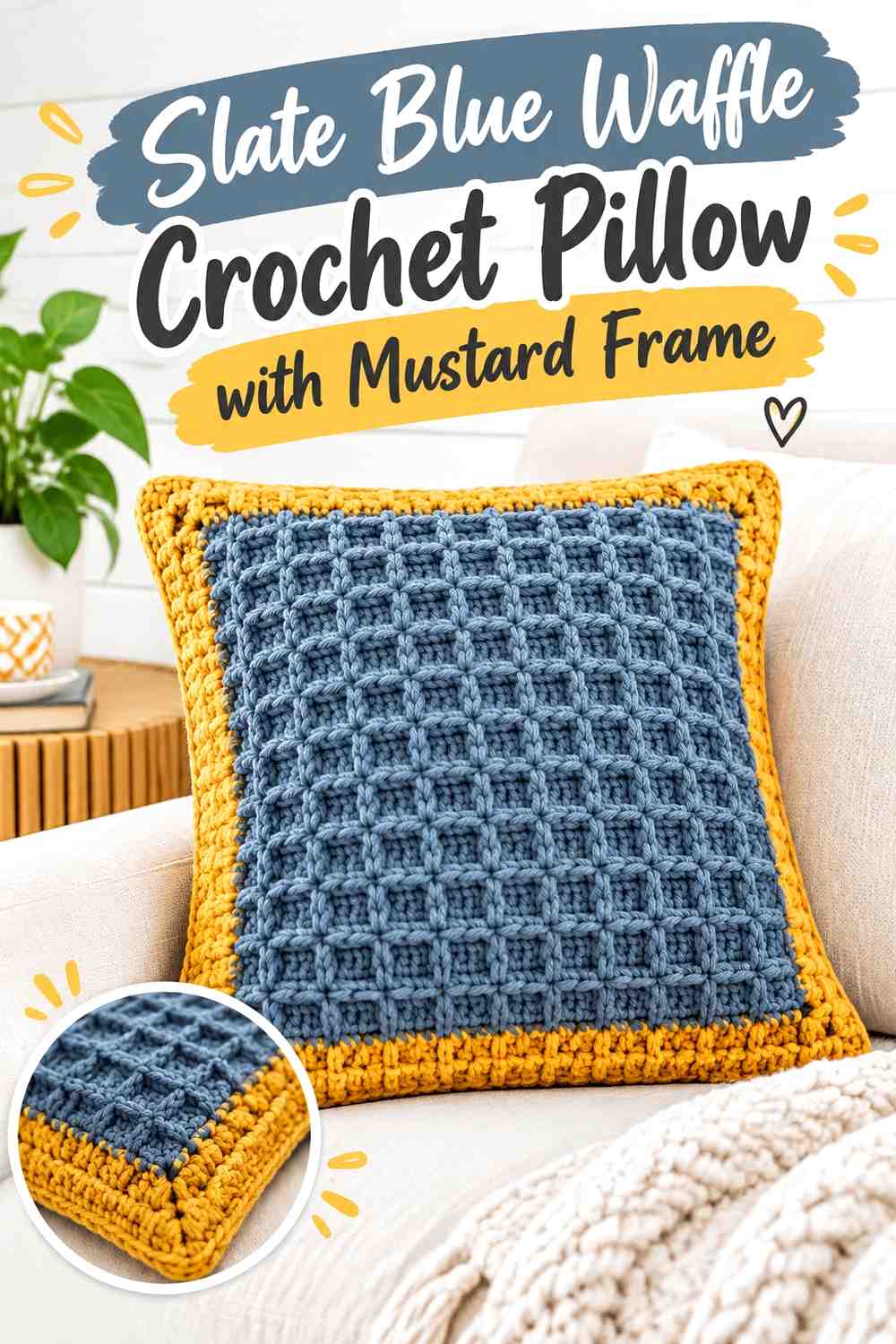 4. Slate Blue Waffle Crochet Pillow With Mustard Frame