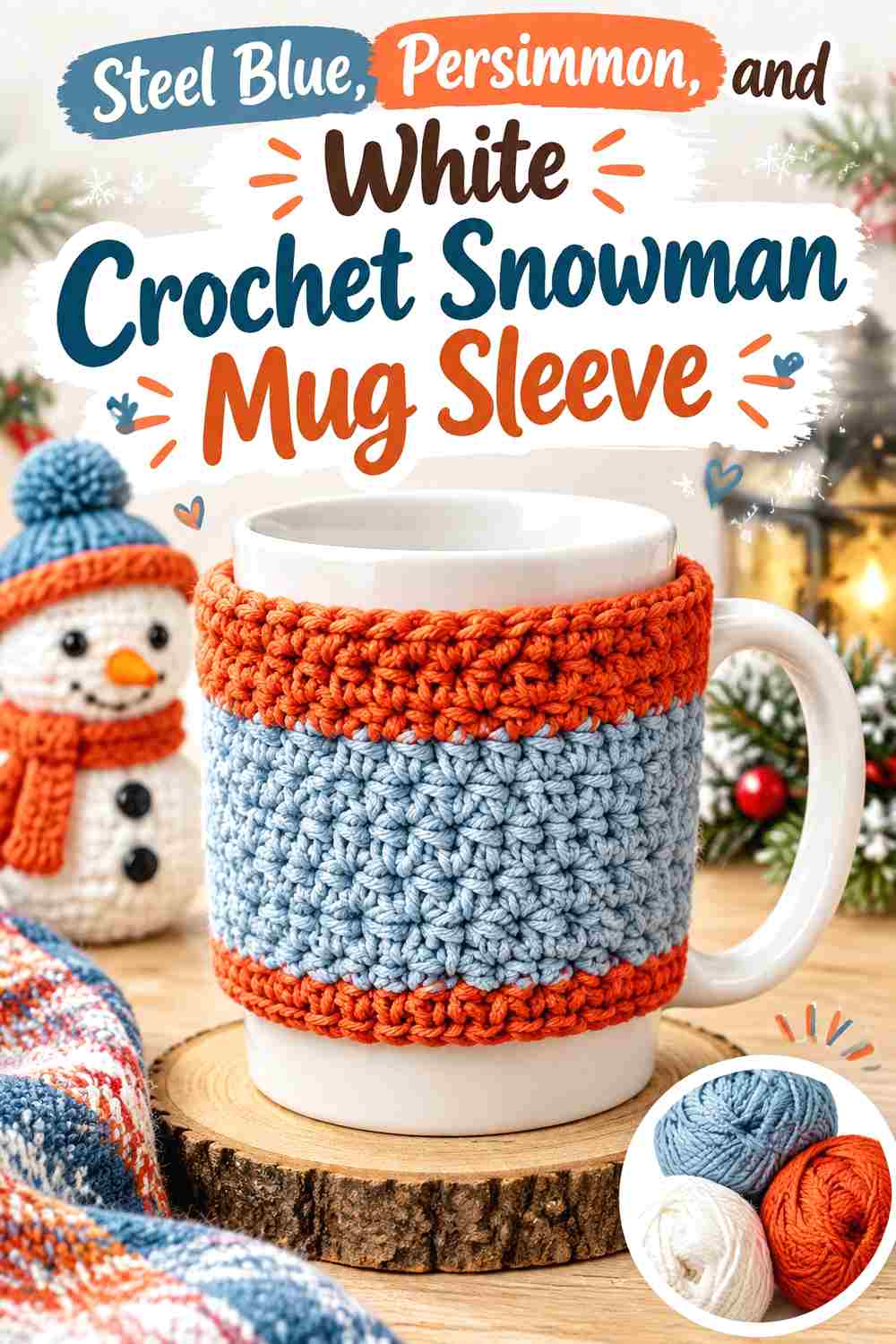 10. Steel Blue Persimmon And White Crochet Snowman Mug Sleeve