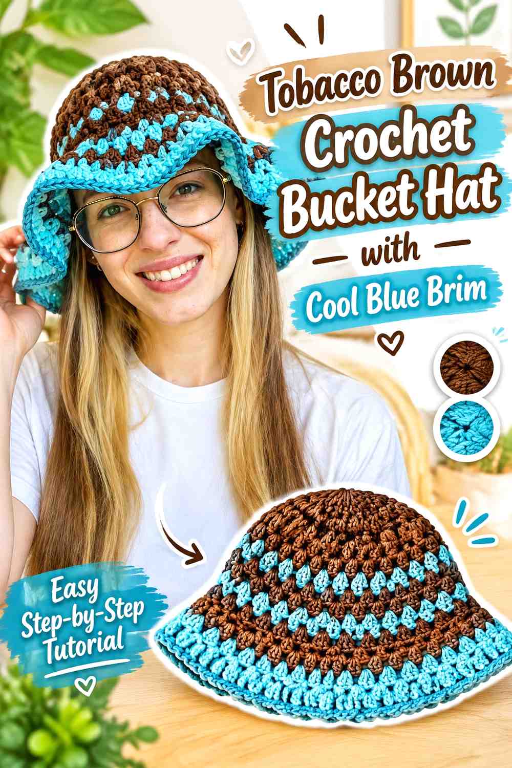 8. Tobacco Brown Crochet Bucket Hat With Cool Blue Brim